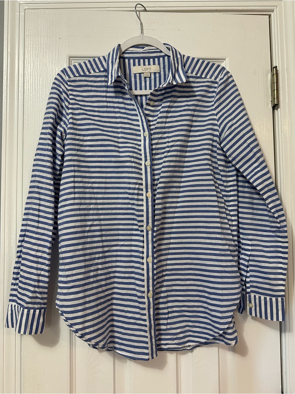 LOFT Blue & White Lightweight Striped Button-Up Shirt-Size XS